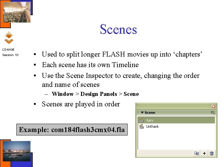 Scenes CDM 105 Session 10 • Used to split longer FLASH movies up into