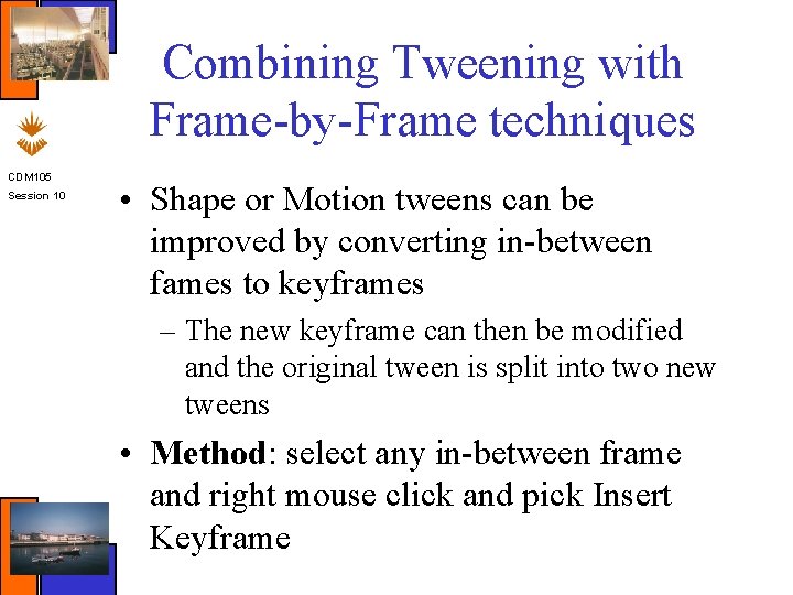 Combining Tweening with Frame-by-Frame techniques CDM 105 Session 10 • Shape or Motion tweens