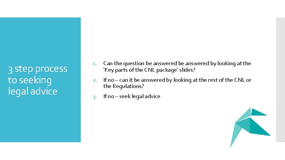 3 step process to seeking legal advice 1. Can the question be answered by