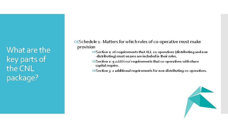 What are the key parts of the CNL package? Schedule 1 - Matters for