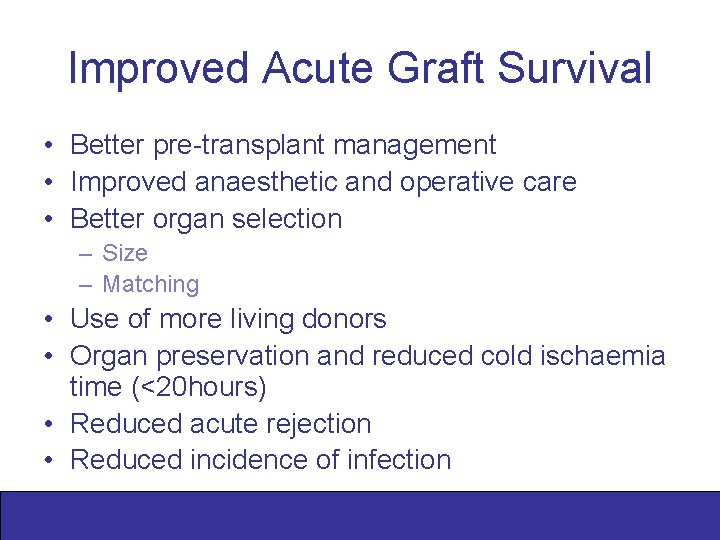 Improved Acute Graft Survival • Better pre-transplant management • Improved anaesthetic and operative care