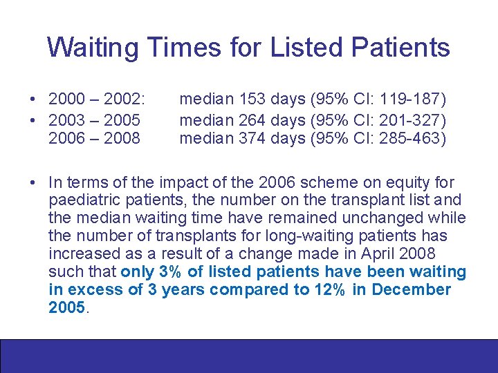 Waiting Times for Listed Patients • 2000 – 2002: • 2003 – 2005 2006