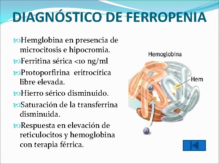 DIAGNÓSTICO DE FERROPENIA Hemglobina en presencia de microcitosis e hipocromia. Ferritina sérica <10 ng/ml