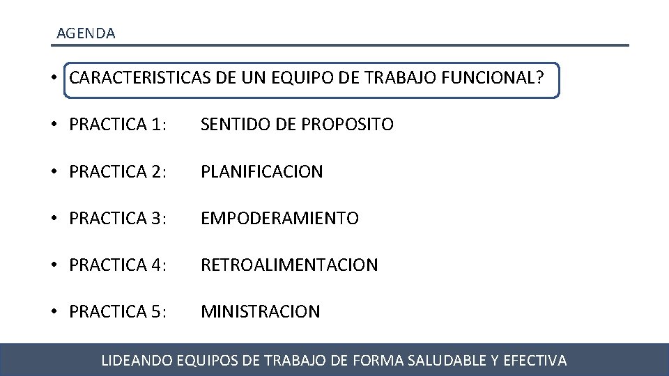 AGENDA • CARACTERISTICAS DE UN EQUIPO DE TRABAJO FUNCIONAL? • PRACTICA 1: SENTIDO DE