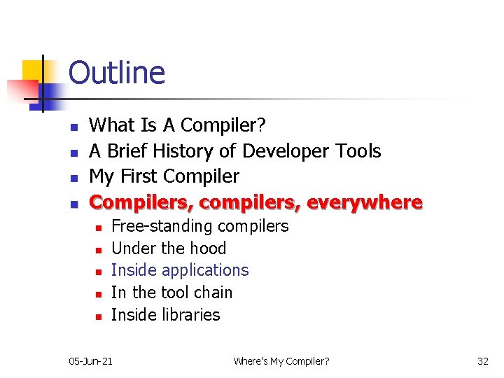 Outline n n What Is A Compiler? A Brief History of Developer Tools My