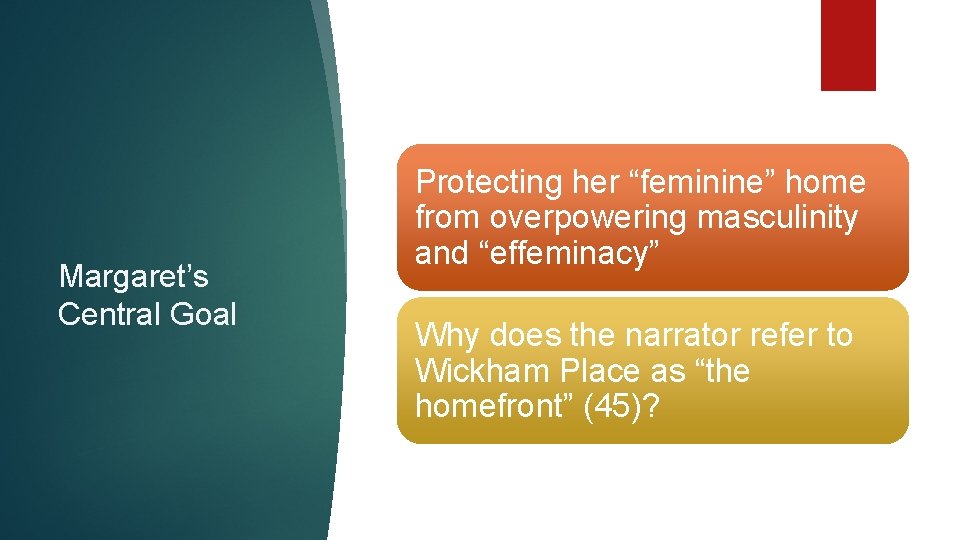 Margaret’s Central Goal Protecting her “feminine” home from overpowering masculinity and “effeminacy” Why does