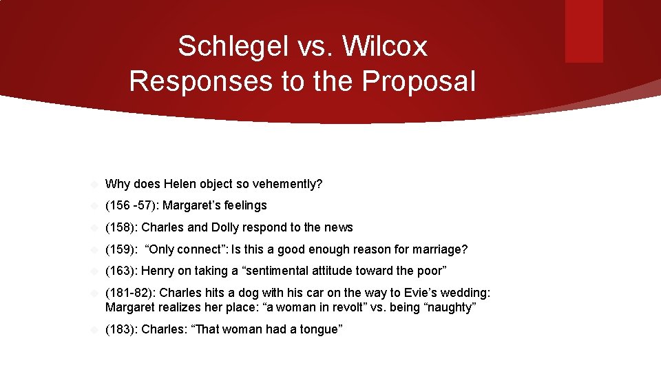 Schlegel vs. Wilcox Responses to the Proposal Why does Helen object so vehemently? (156