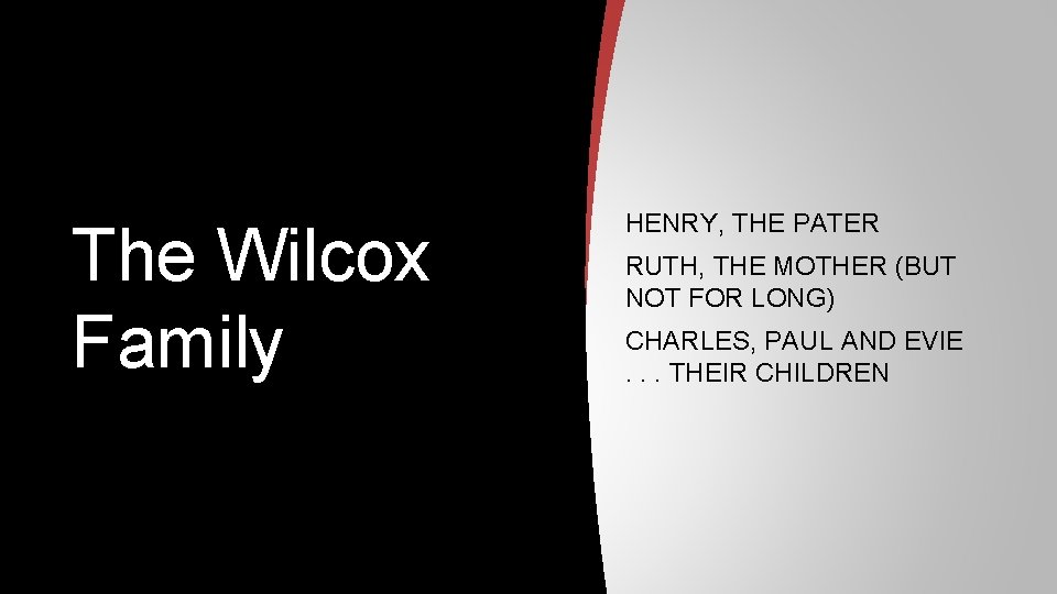 The Wilcox Family HENRY, THE PATER RUTH, THE MOTHER (BUT NOT FOR LONG) CHARLES,