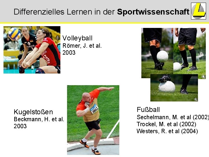 Differenzielles Lernen in der Sportwissenschaft Volleyball Römer, J. et al. 2003 Kugelstoßen Beckmann, H. Differenzielles Lernen in der Sportwissenschaft Volleyball Römer, J. et al. 2003 Kugelstoßen Beckmann, H.