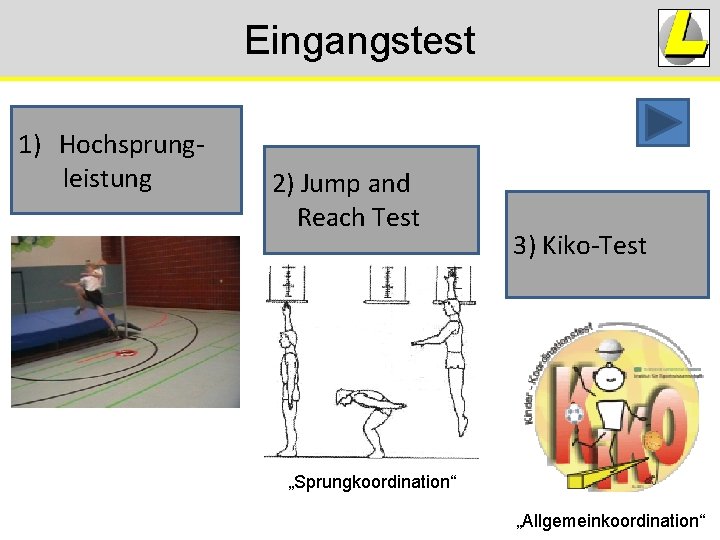 Eingangstest 1) Hochsprungleistung 2) Jump and Reach Test 3) Kiko-Test „Sprungkoordination“ „Allgemeinkoordination“ Eingangstest 1) Hochsprungleistung 2) Jump and Reach Test 3) Kiko-Test „Sprungkoordination“ „Allgemeinkoordination“
