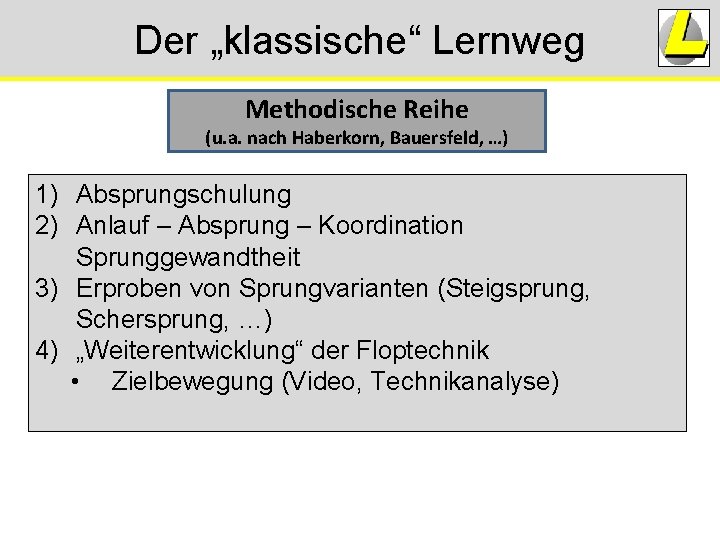Der „klassische“ Lernweg Methodische Reihe (u. a. nach Haberkorn, Bauersfeld, …) 1) Absprungschulung 2) Der „klassische“ Lernweg Methodische Reihe (u. a. nach Haberkorn, Bauersfeld, …) 1) Absprungschulung 2)
