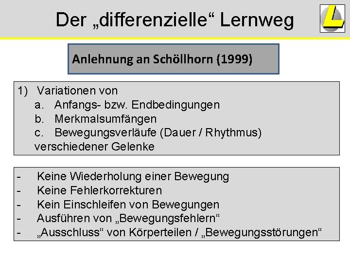 Der „differenzielle“ Lernweg Anlehnung an Schöllhorn (1999) 1) Variationen von a. Anfangs- bzw. Endbedingungen Der „differenzielle“ Lernweg Anlehnung an Schöllhorn (1999) 1) Variationen von a. Anfangs- bzw. Endbedingungen