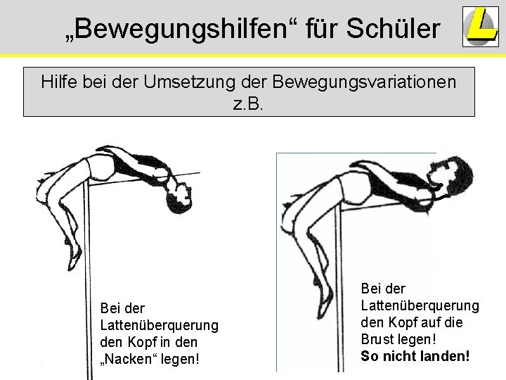 „Bewegungshilfen“ für Schüler Hilfe bei der Umsetzung der Bewegungsvariationen z. B. Bei der Lattenüberquerung „Bewegungshilfen“ für Schüler Hilfe bei der Umsetzung der Bewegungsvariationen z. B. Bei der Lattenüberquerung