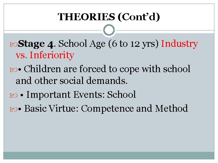 THEORIES (Cont’d) Stage 4. School Age (6 to 12 yrs) Industry vs. Inferiority • THEORIES (Cont’d) Stage 4. School Age (6 to 12 yrs) Industry vs. Inferiority •
