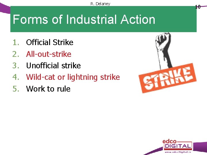 R. Delaney Forms of Industrial Action 1. 2. 3. 4. 5. Official Strike All-out-strike