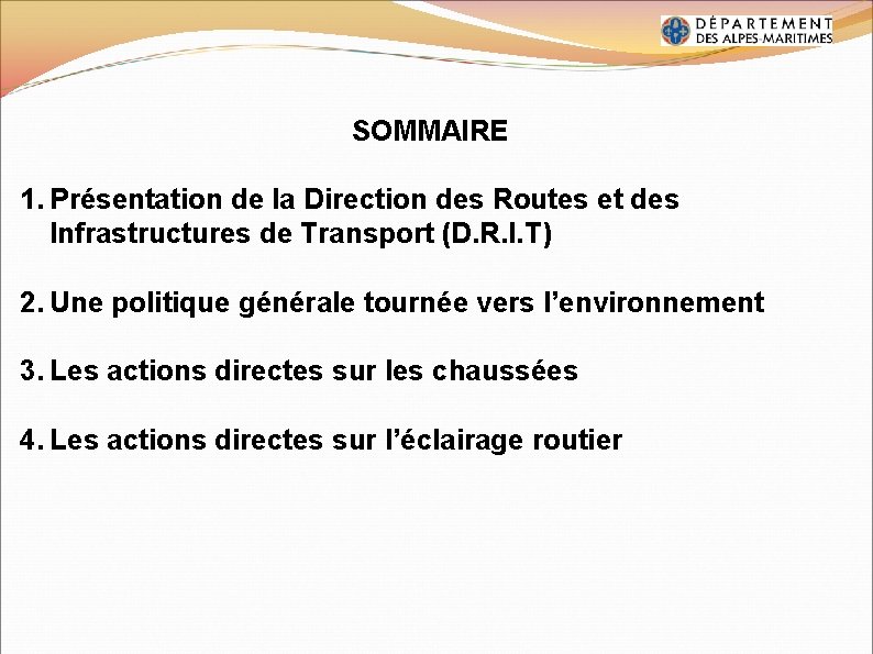 SOMMAIRE 1. Présentation de la Direction des Routes et des Infrastructures de Transport (D.