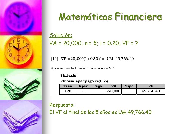 Matemáticas Financiera Solución: VA = 20, 000; n = 5; i = 0. 20;