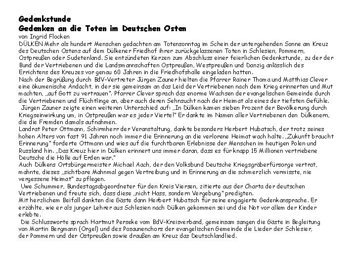 Gedenkstunde Gedenken an die Toten im Deutschen Osten von Ingrid Flocken DÜLKEN Mehr als