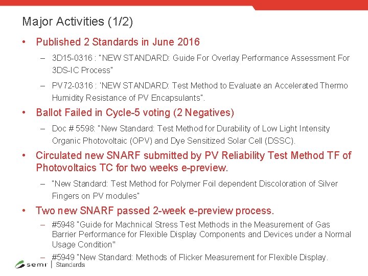 Major Activities (1/2) • Published 2 Standards in June 2016 – 3 D 15