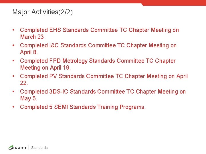 Major Activities(2/2) • Completed EHS Standards Committee TC Chapter Meeting on March 23 •