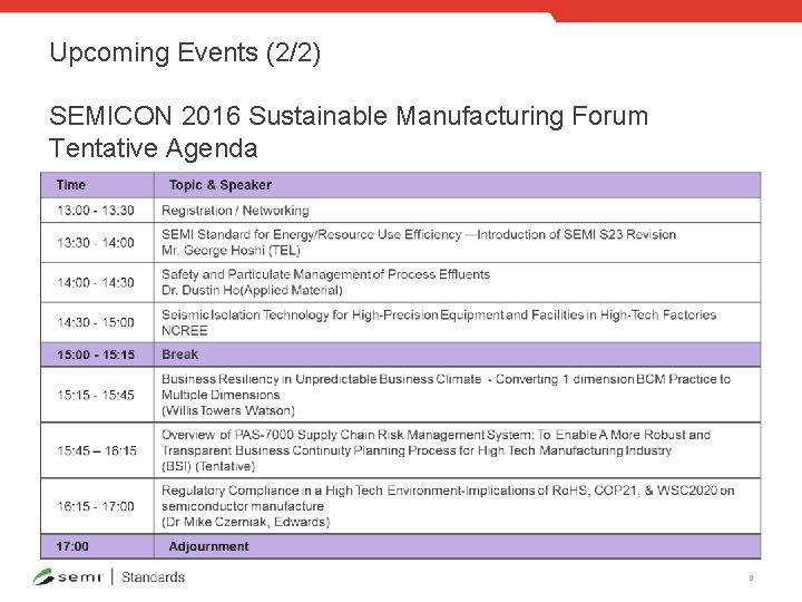 Upcoming Events (2/2) SEMICON 2016 Sustainable Manufacturing Forum Tentative Agenda 8 