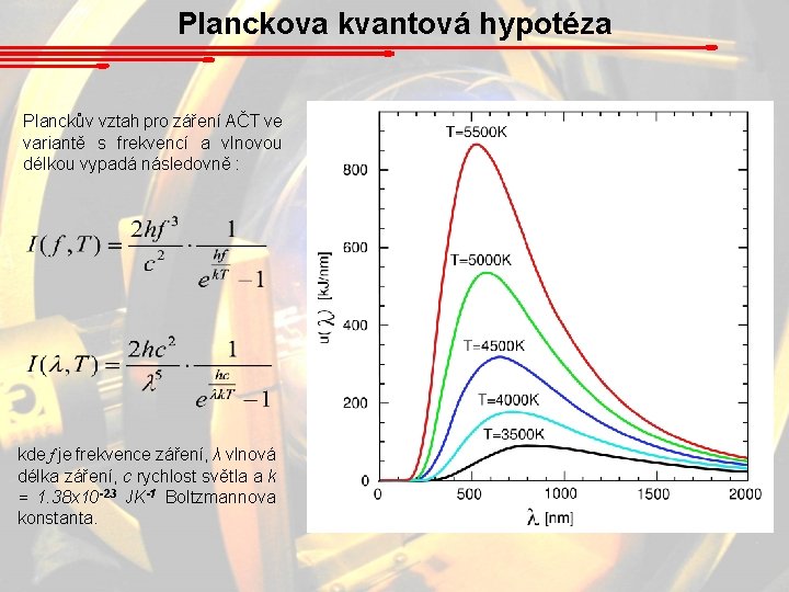 Planckova kvantová hypotéza Planckův vztah pro záření AČT ve variantě s frekvencí a vlnovou