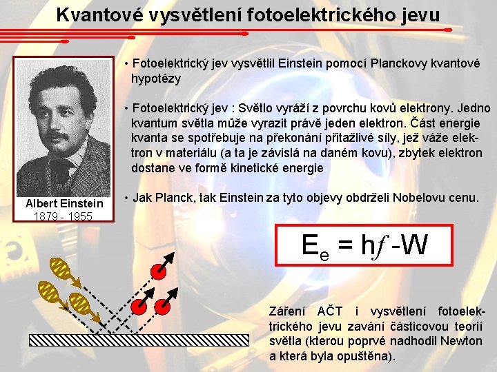 Kvantové vysvětlení fotoelektrického jevu • Fotoelektrický jev vysvětlil Einstein pomocí Planckovy kvantové hypotézy •