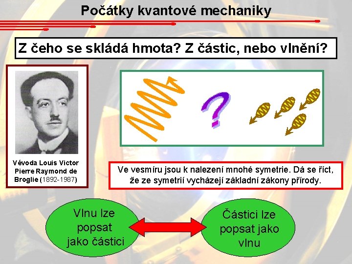 Počátky kvantové mechaniky Z čeho se skládá hmota? Z částic, nebo vlnění? Vévoda Louis