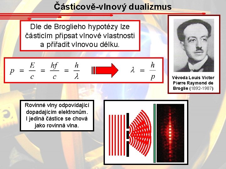 Částicově-vlnový dualizmus Dle de Broglieho hypotézy lze částicím připsat vlnové vlastnosti a přiřadit vlnovou