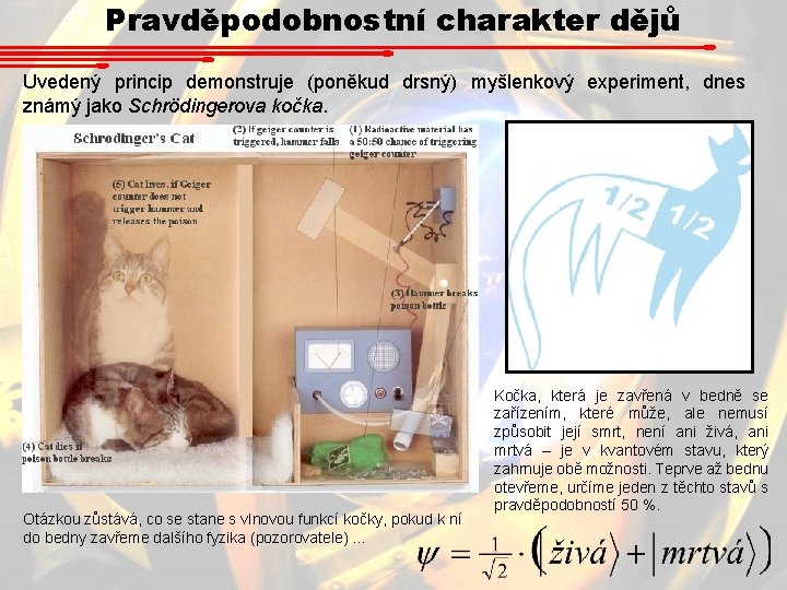 Pravděpodobnostní charakter dějů Uvedený princip demonstruje (poněkud drsný) myšlenkový experiment, dnes známý jako Schrödingerova