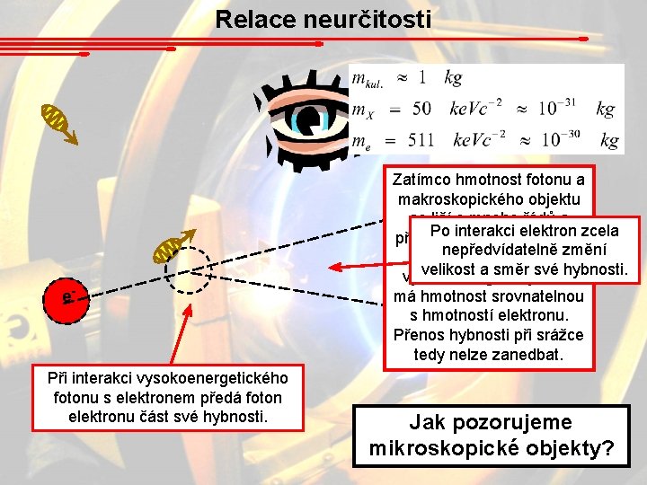 Relace neurčitosti e- Při interakci vysokoenergetického fotonu s elektronem předá foton elektronu část své