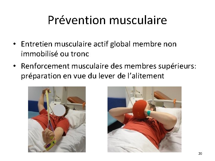 Prévention musculaire • Entretien musculaire actif global membre non immobilisé ou tronc • Renforcement