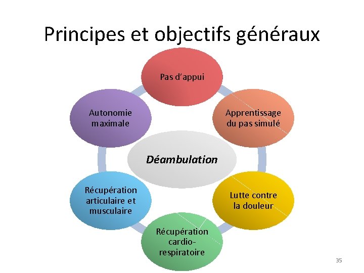 Principes et objectifs généraux Pas d’appui Autonomie maximale Apprentissage du pas simulé Déambulation Récupération