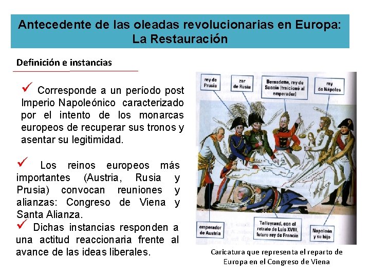 Antecedente de las oleadas revolucionarias en Europa: La Restauración Definición e instancias ü Corresponde