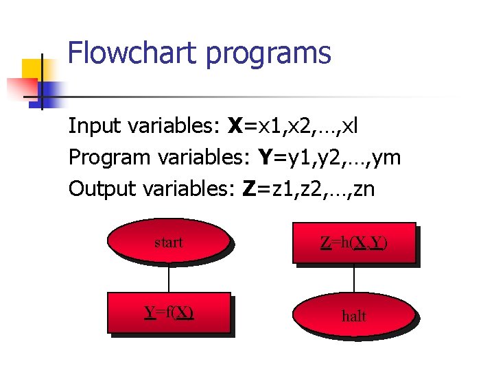 Flowchart programs Input variables: X=x 1, x 2, …, xl Program variables: Y=y 1,