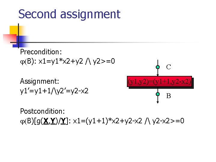 Second assignment Precondition: B): x 1=y 1*x 2+y 2 / y 2>=0 Assignment: y