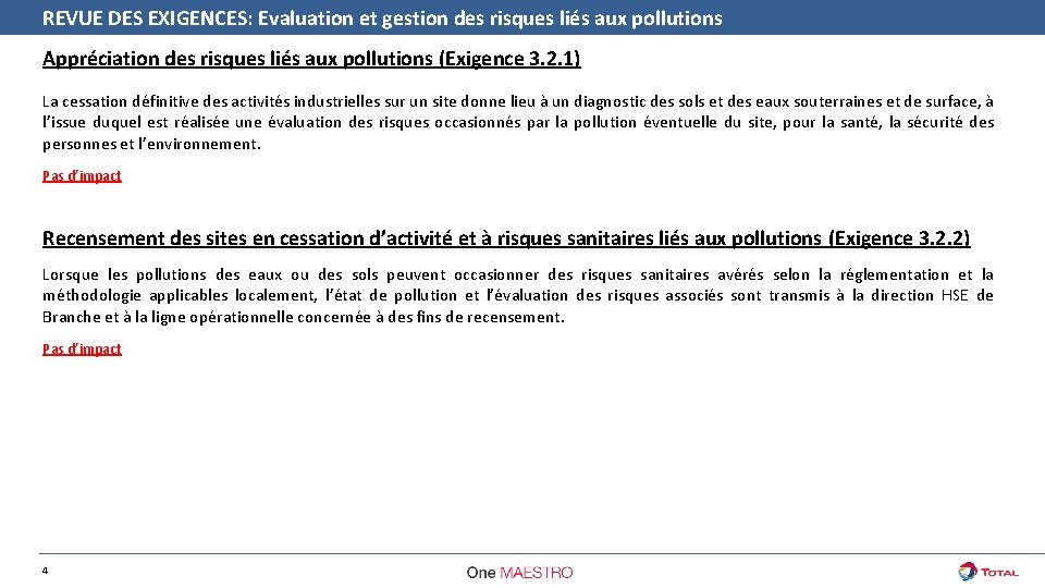 REVUE DES EXIGENCES: Evaluation et gestion des risques liés aux pollutions Appréciation des risques