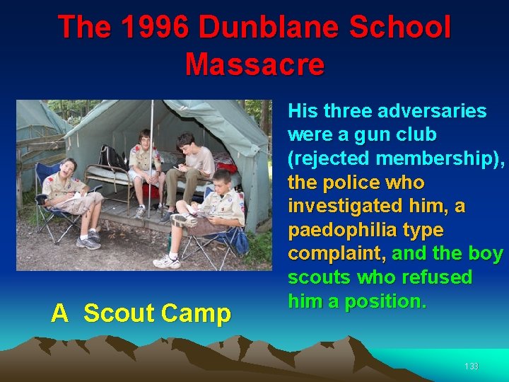 The 1996 Dunblane School Massacre A Scout Camp His three adversaries were a gun