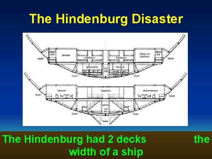The Hindenburg Disaster The Hindenburg had 2 decks width of a ship the 39