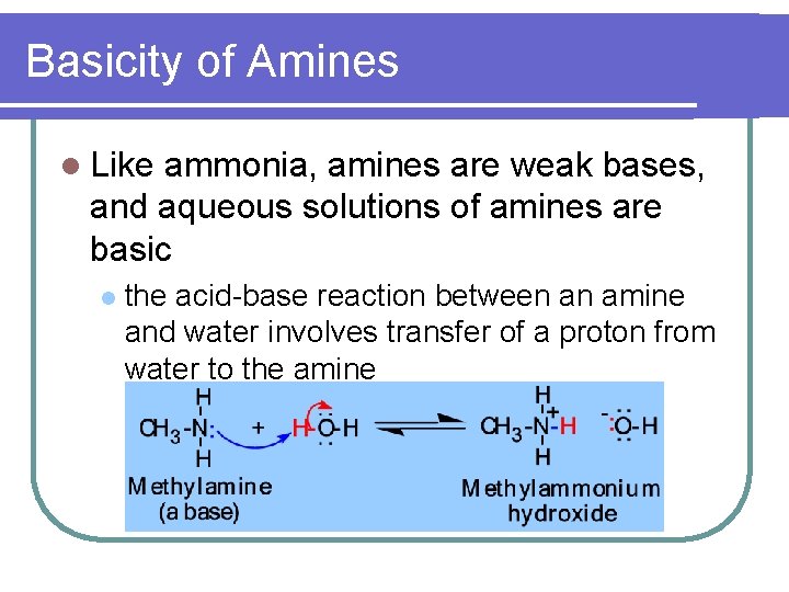 Basicity of Amines l Like ammonia, amines are weak bases, and aqueous solutions of