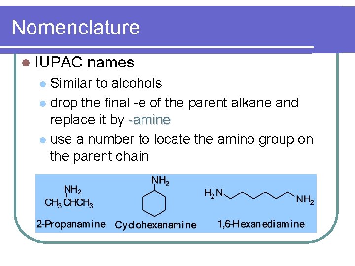 Nomenclature l IUPAC names Similar to alcohols l drop the final -e of the