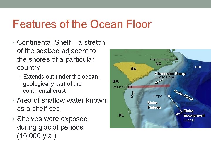 Features of the Ocean Floor • Continental Shelf – a stretch of the seabed