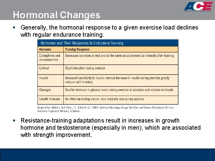 Hormonal Changes § Generally, the hormonal response to a given exercise load declines with