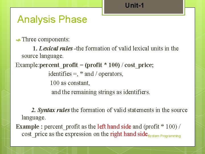 Unit-1 Analysis Phase Three components: 1. Lexical rules -the formation of valid lexical units
