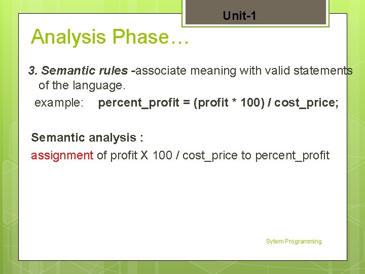 Unit-1 Analysis Phase… 3. Semantic rules -associate meaning with valid statements of the language.