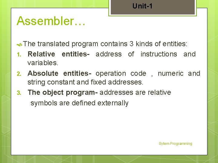 Unit-1 Assembler… The 1. 2. 3. translated program contains 3 kinds of entities: Relative