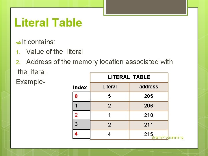 Literal Table It contains: 1. Value of the literal 2. Address of the memory