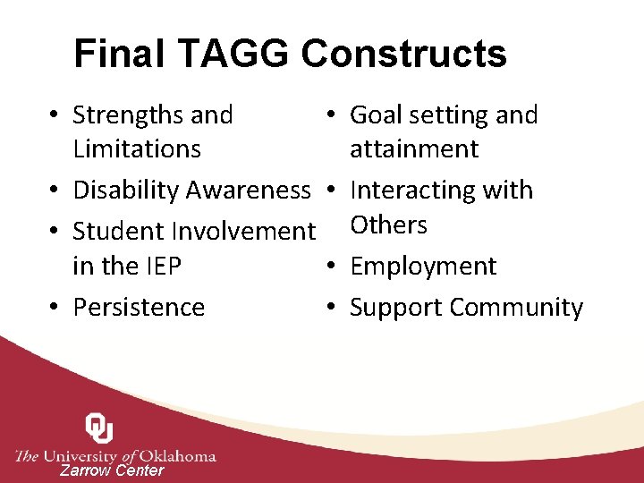 Final TAGG Constructs • Strengths and Limitations • Disability Awareness • Student Involvement in
