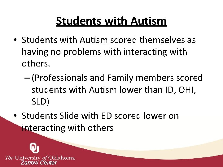 Students with Autism • Students with Autism scored themselves as having no problems with