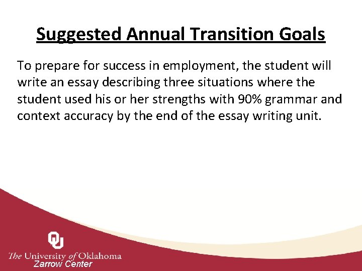 Suggested Annual Transition Goals To prepare for success in employment, the student will write